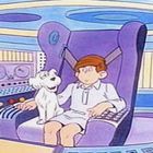 "ANDREAS1966ABLE" oben links. Illustration: Junge in lila Steuerraum mit Hund, futuristische Steuerkonsole.