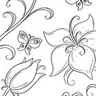 Illustration von Blumen mit Schmetterlingen, geschwungene Linien und Muster sorgen für eine filigrane Darstellung.