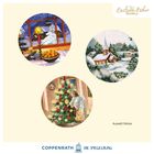 "Auswahl Motive." Drei weihnachtliche Illustrationen: Kerze am Fenster, verschneite Kirche, Kind dekoriert Baum.