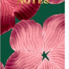 Text „NOTES“ in gold auf grünem Hintergrund. Rosa Blütenmuster und Spiralbindung am oberen Rand.