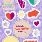 Sticker mit Texten "Ich glaube an mich", "Ich bin wundervoll" und "Friends forever" auf lilafarbenem Hintergrund.