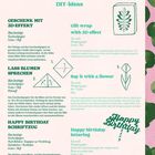 Anleitungen für DIY-Ideen: 3D-Geschenkpapiereffekt, "Blumen sprechen lassen" und "Happy Birthday" Schriftzug. Illustrationen zeigen Schritte.