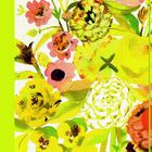 Bunte Blumenillustration: Gelbe, rosa, orange Blüten und grüne Blätter auf hellem Hintergrund. Lebhafte, künstlerische Gestaltung.
