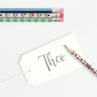 Der Text "Theo" steht auf einem weißen Etikett. Daneben liegen bunte Bleistifte mit Mustern.