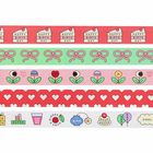 "Happy Birth Day", Schleifen und Blumen, Herzen auf rotem Hintergrund, Symbole mit "ENJOY", "SUPER", "CHEERS", "NICE".