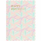 "Happy Birthday" in goldener Schrift auf rosa Hintergrund mit grünen Blättern und kleinen weißen Blüten.