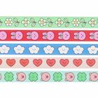 Blumen, Hasen, Wolken, Herzen und Schweine mit Kleeblättern in bunten Streifen angeordnet. Verspielte, farbenfrohe Designs.