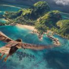 Keine sichtbaren Texte. Eine malerische Insel mit üppigem Grün, umgeben von türkisblauem Meer. Ein Vogel fliegt darüber.