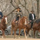 Drei Personen in Cowboystyle reiten auf Pferden durch einen Wald. Hintergrund: kahler Baum und ein geparktes Auto.