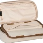 Ein geöffneter, beiger Stoffbeutel mit Reißverschlussfach und "smaepp" Etikett. Innenklappe mit braunem Rand und Klettverschlüssen.