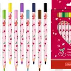 Buntstifte mit Kirschmuster, Verpackung herzförmig ausgeschnitten, leuchtende Farben, Text: "Buntstifte, Coloured Pencils".