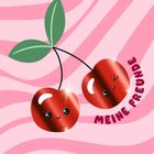 "MEINE FREUNDE" in rosa Schrift, zwei lächelnde Kirschen-Illustrationen mit glitzerndem Effekt und grüne Blätter.