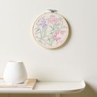 Bestickter Holzrahmen mit Blumen in Pastellfarben, dahinter eine helle Wand, daneben eine weiße, geschwungene Vase.