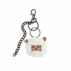 Ein gestrickter Schlüsselanhänger in Form eines niedlichen Schafs mit Kettengliedern und Karabiner.