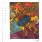 Kalenderseite mit dem Monat Juni. Illustration von tanzenden Personen. Farben: Rot, Blau, Gelb, Braun.