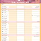 Der Kalender zeigt den Monat Mai. Oben gelbe Narzissen und Tulpen in Töpfen. Darunter Kalendertage, Feiertage und Notizen.