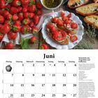 Juni-Kalender mit Erdbeerfoto, Bruschetta mit Ziegenkäse-Rezept, Gedicht von Georg Heym. Erdbeeren und gebratene Brotscheiben.