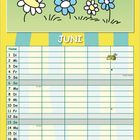 "Musstest du so ruckartig bremsen?" Zwei gezeichnete Bienen mit Blumen. Juni-Kalender darunter, strukturiert und gelb-blau gestreift.