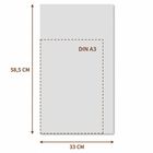 Text: "DIN A3", "58,5 CM", "33 CM". Rechteck mit gestricheltem DIN A3-Bereich. Maße angegeben.