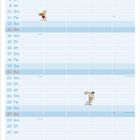 Kalender für Juni mit Comic-Illustrationen. Figuren laufen ein Rennen, während ein Mann überrascht zuschaut.
