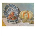 "Claude Monet" oben links. Illustration zeigt Früchte und Geschirr auf einem Tisch, darunter ein blauer Teller, Pfirsiche und Trauben.