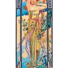 „6“ steht unten links. Jugendstil-Illustration einer Frau in gelbem Gewand, umgeben von Blumen und dekorativen Mustern.