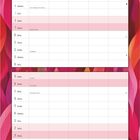 Kalender für Mai mit täglicher Einteilung. Oben “MAI” in einem Oval. Hintergrund mit roten und pinken Mustern.