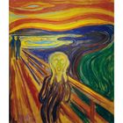 „Edvard Munch (1863-1944), The Scream, 1910“. Ausdrucksstarke, schreiende Figur auf einer Brücke, wirbelnder Himmel.