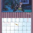 Kalender mit Monatsübersicht und Illustration von Pettersson und Findus bei Nacht mit einer Fackel.