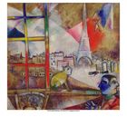 Gemälde mit abstrakter Parisszene, Eiffelturm, buntem Fenster und surrealen Figuren; Text "Paris through the Window, 1913".