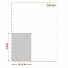Text: "DIN A4", "13 CM", "10,5 CM". Illustration eines DIN A4 Blattes mit grauem Rechteck unten links.