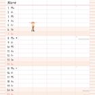 "Name" als Überschrift. Darunter Wochentage mit Daten. Bild oben zeigt ein lachendes Mädchen mit roten Zöpfen im Gras.