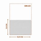"DIN A5" und Maße: 11,8 cm und 14,5 cm. Eine graue Fläche mit gestrichelten Linien zeigt die Abmessungen.