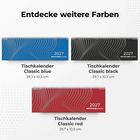 Entdecke weitere Farben. Tischkalender in Blau, Schwarz und Rot mit weißen Punkten, je 29,7 x 10,5 cm.