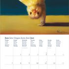 Kalenderseite für Juni mit einem gelben Küken, das einen Handstand macht.