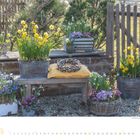 Kalenderseite mit Datum März 2021. Gartenbank mit blühenden gelben Narzissen und violetten Blumen in Töpfen.