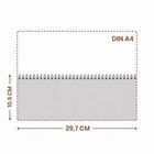 Maße und Text: "10,5 CM", "29,7 CM", "DIN A4". Spiralbindung auf grauem Hintergrund.