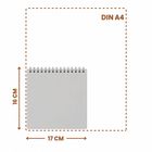 Text: "DIN A4", "16 CM", "17 CM". Darstellung eines quadratischen Spiralblocks mit Größenvergleich zu DIN A4.