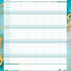 Kalenderseite für Juni. Tage und Wochentage aufgelistet. Platz für Notizen unten. Blauer Hintergrund mit goldenen Akzenten.