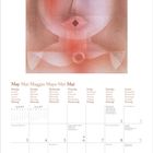 Kalender für Mai 2027, enthält Feiertage in verschiedenen Ländern. Oben abstrakte Illustration eines Gesichts in Rot- und Brauntönen.