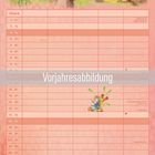 Text: "Vorjahresabbildung". Illustration: Ein bunter Dinosaurier mit großen Augen läuft über ein Feld. Unten ein Kalender für Mai.