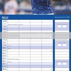 Kalenderseite MAI mit Fußballspielen und Terminen. Oben rechts: Bryan Lasme, 14.11.1998. Spieler im blauen Trikot.