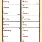 "Mai", "Im Mai ein warmer Regen bedeutet Früchte Segen.", Kalender mit blühenden Blumen und Fachwerkhäusern, sonntags rot markiert.