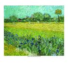 Vincent van Gogh, Field with Irises near Arles, 1888. Eine Landschaft mit Irisblumen im Vordergrund und Bäumen im Hintergrund.