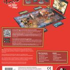 Texte: "The Bad Karmas and The Curse of the Zodiac", QR-Code zum Herunterladen der App, Spielinhalte, Anforderungen. 

Logo: Pegasus Spiele. 
Illustration: Figuren und Spielbrett.