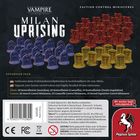 Text: "Milan Uprising", "Vampire: The Masquerade", "Expansion Pack", Minis in Blau, Rot, Gelb. Pegasus Spiele Logo mit rotem Hintergrund.