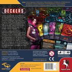 "DECKERS" und Beschreibung des Spiels, in dem Hacker gegen Supercomputer kämpfen. Enthält Spielelemente wie Karten und Marker. Logos von Deep Print Games und Pegasus Spiele.