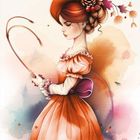 Text: "11" und "PEITSCHE". Eine elegante Frau mit Zopf, herbstlichen Accessoires und Peitsche. Illustrative Kunst.
