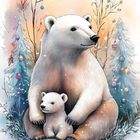 Aufschrift "BÄR". Illustration eines Eisbären mit Jungem auf schneebedecktem Boden, umgeben von winterlichen Bäumen.