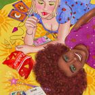 "Learn & relax" steht oben. Zwei Personen liegen auf einer Decke mit Snacks, Tarotkarten und einem Buch über Rituale.